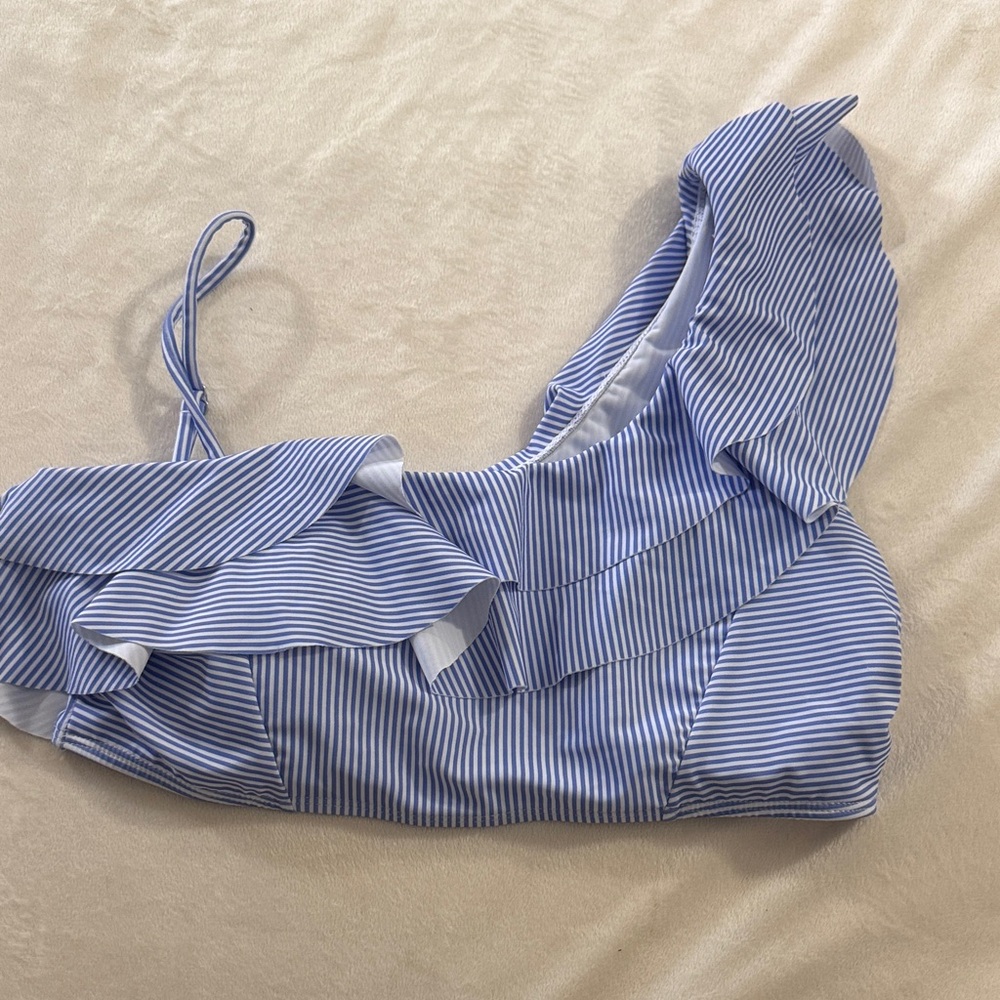 Amazon Women Swim Top Blue and White Striped Ruffle Bikini